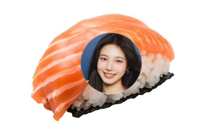 Salmon nigiri add-on sheet with a face cut into it