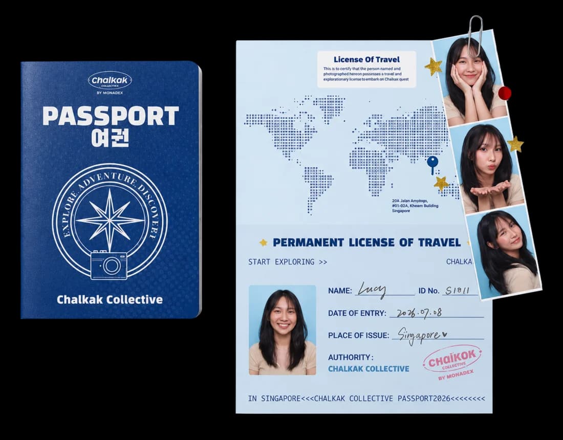 The Chalkak Collective passport: a navy cover beside its licence-of-travel page, stamped and filled in by hand.